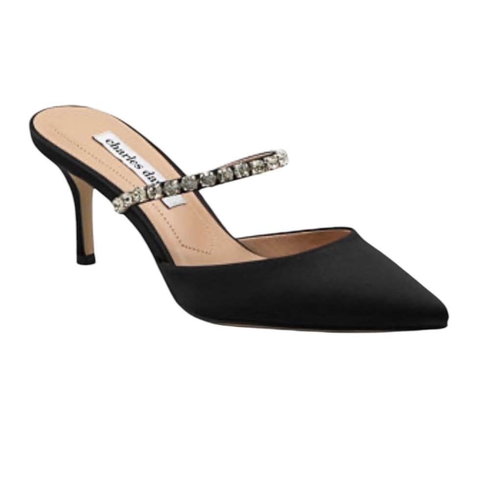 Charles David Womens Navy Satin Rhinestone Kitten Heel Mules Pointed Toe 8.5
